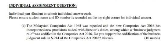  INDIVIDUAL ASSIGNMENT QUESTION: Individual purt Student to submit individual answer each.