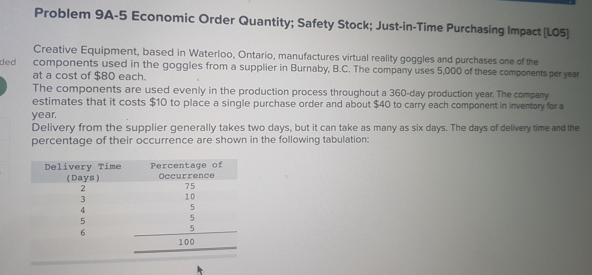 Problem 9A-5 Economic Order Quantity; Safety Stock; Just-in-Time Purchasing Impact (105)