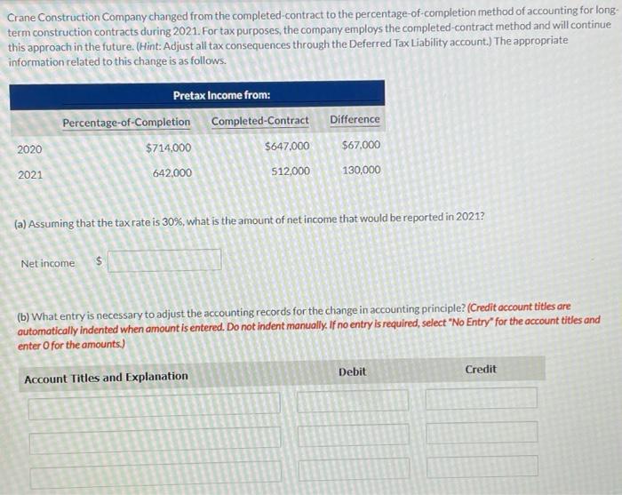  Crane Construction Company changed from the completed contract to the percentage-of-completion