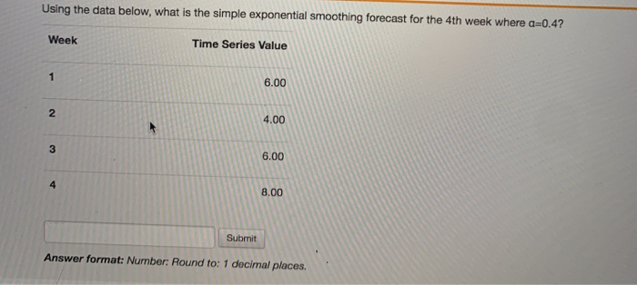  Using the data below, what is the simple exponential smoothing forecast