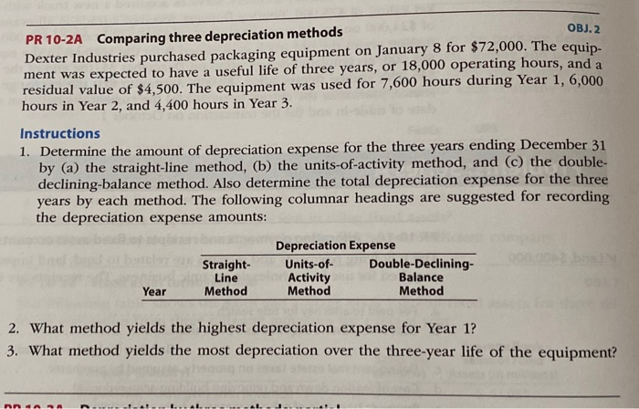  OBJ. 2. PR 10-2A Comparing three depreciation methods Dexter Industries purchased