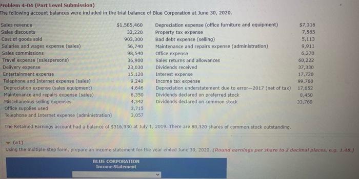 please help Problem 4-04 (Part Level Submission) The following account balances were