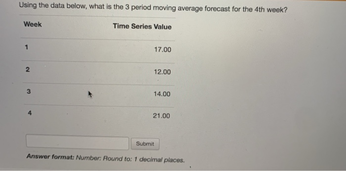 Using the data below, what is the 3 period moving average