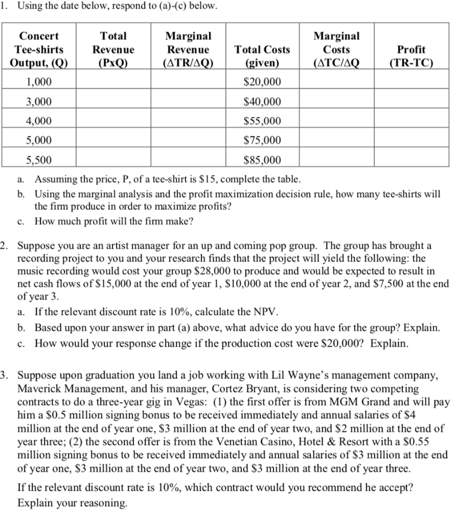  1. Using the date below, respond to (a)-(c) below. Concert Total