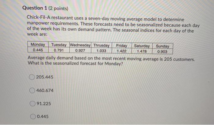  Question 1 (2 points) Chick-fil-A restaurant uses a seven-day moving average