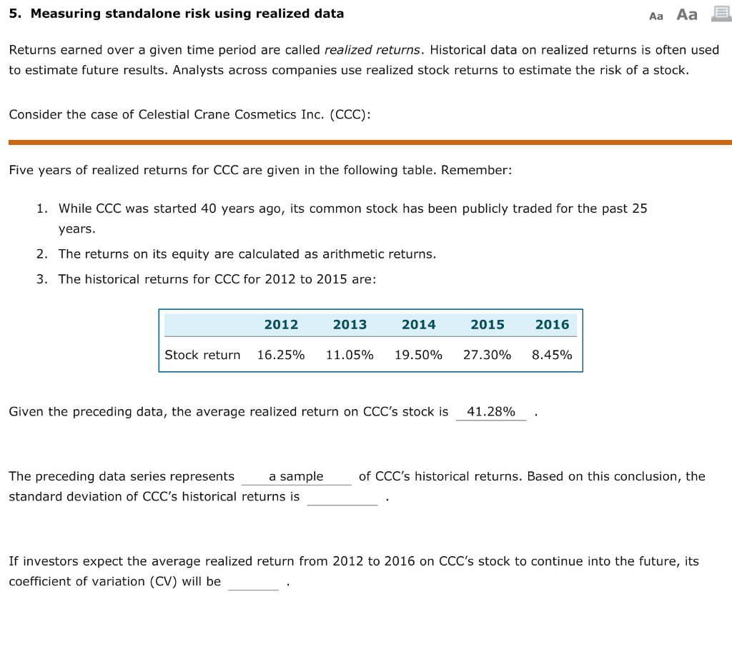 Please answer all questions 5. Measuring standalone risk using realized data Aa