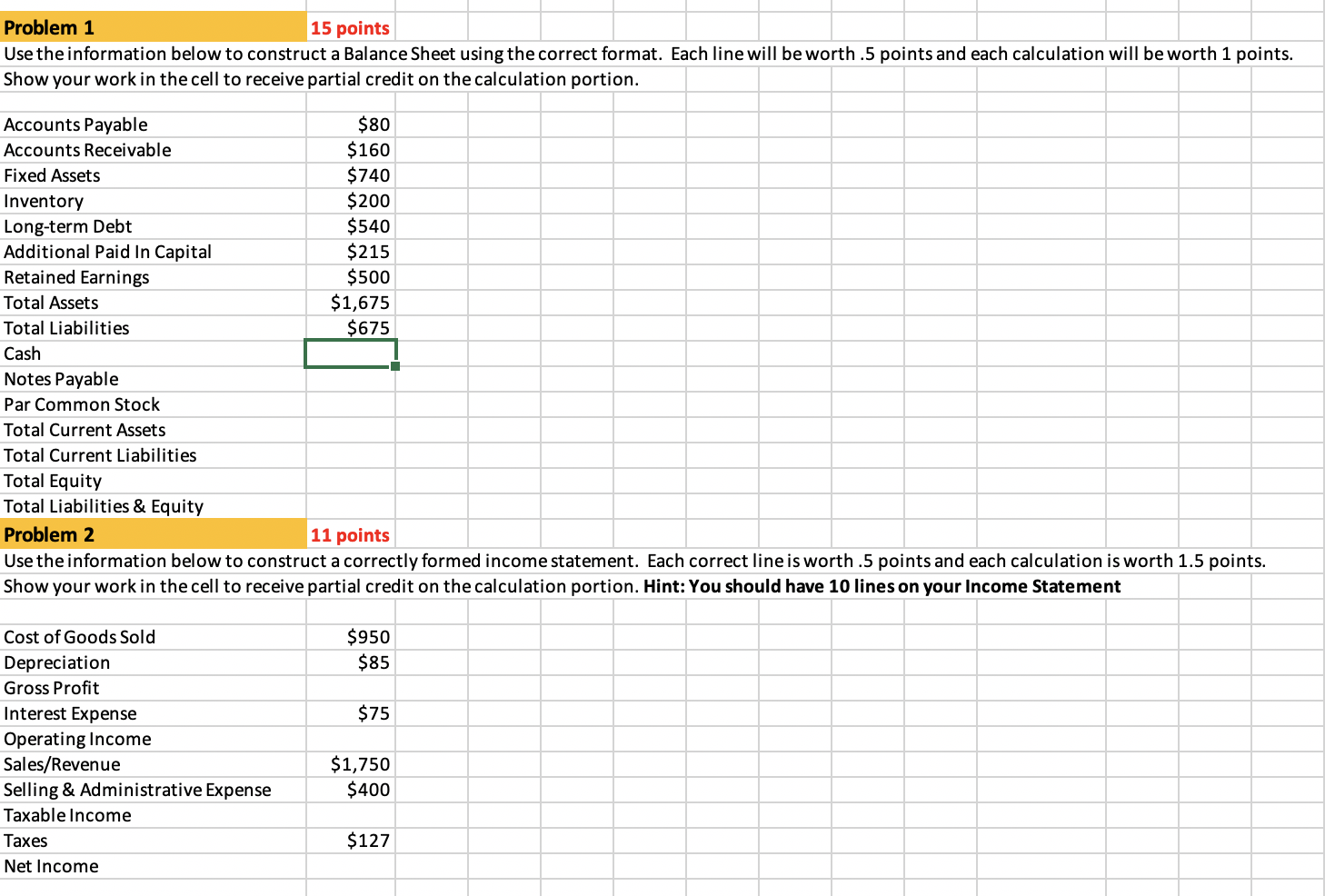 Problem 1 15 points Use the information below to construct a