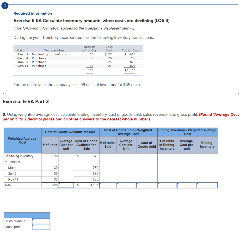 ! Required information Exercise 6-5A Calculate inventory amounts when costs are
