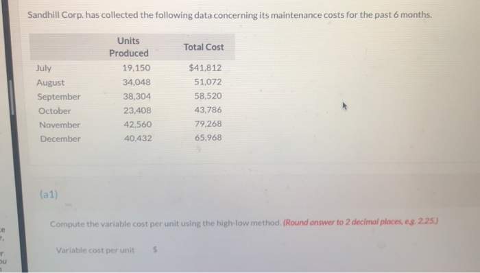 compute the fixed cost elements Sandhill Corp. has collected the following data