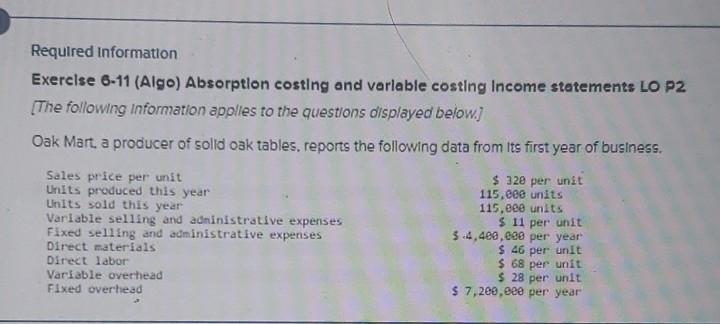  Required information Exercise 6-11 (Algo) Absorption costing and variable costing Income
