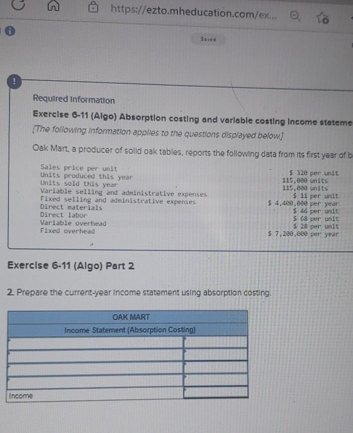 Oak Mart a producer of solid oak tables, reports the following data