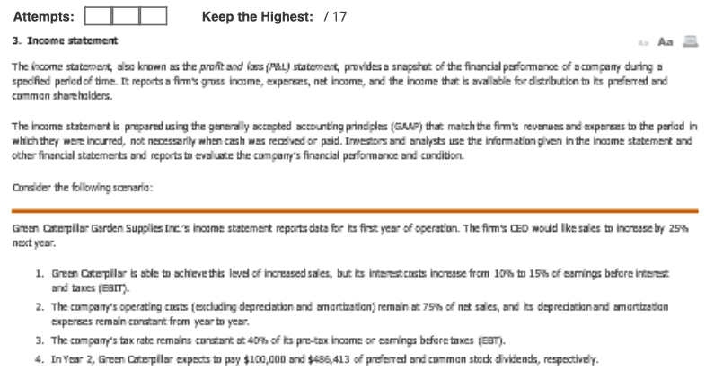 Attempts: Keep the Highest: /17 3. Income statement A Aa The