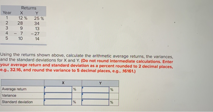  Year 1 2. 3 4 5 Returns X Y 12 %