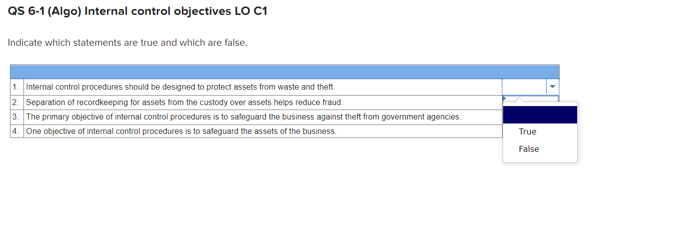 QS 6-1 (Algo) Internal control objectives LO CI Indicate which statements