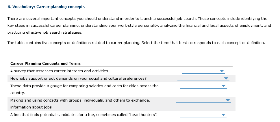 Drop-down 1 Options: Interest Inventory, Job Interview, Functional Rsum, or Career