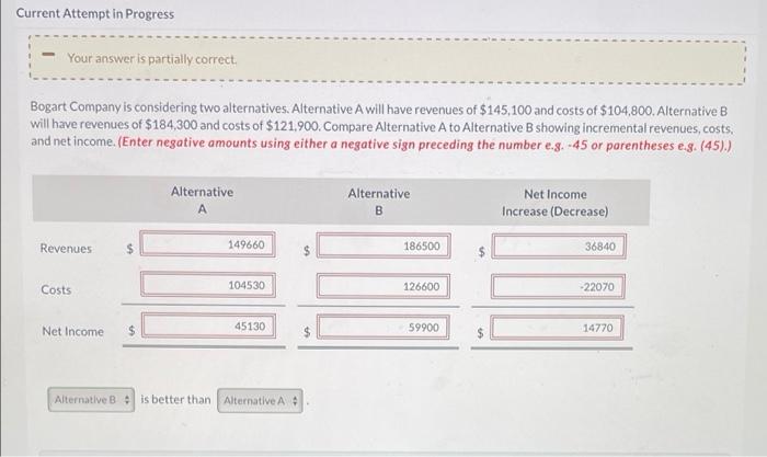 Help! Current Attempt in Progress Your answer is partially correct Bogart Company