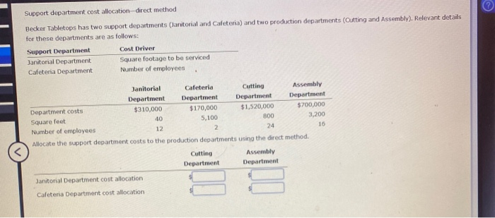  Support department cost allocation direct method Becker Tabletops has two support