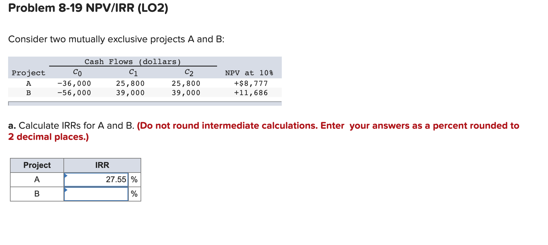 What is Project B? Problem 8-19 NPV/IRR (LO2) Consider two mutually exclusive