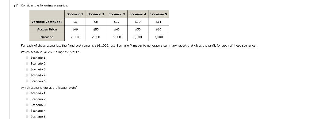 How to do this in excel (d) Consider the following scenarios. Scenario