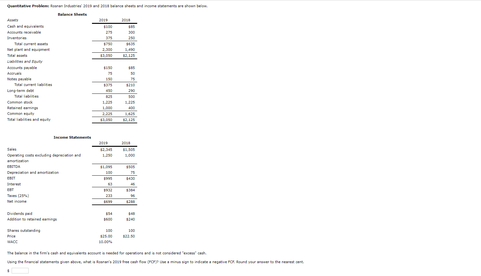  Quantitative Problem: Rosnan Industries' 2019 and 2018 balance sheets and income
