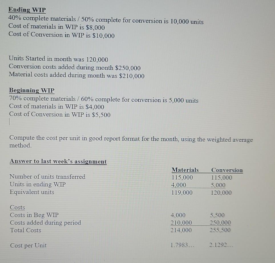  right answer please Ending WIP 40% complete materials / 50% complete