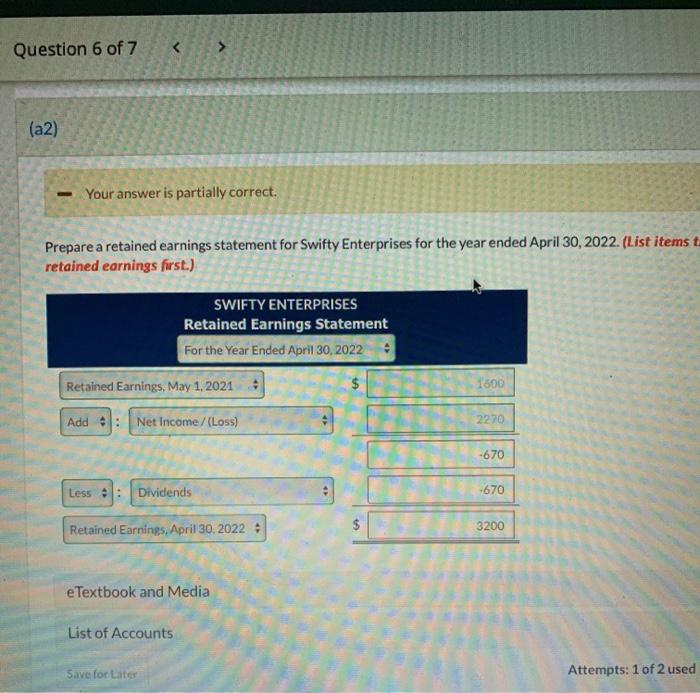  Question 6 of 7 (a2) - Your answer is partially correct.