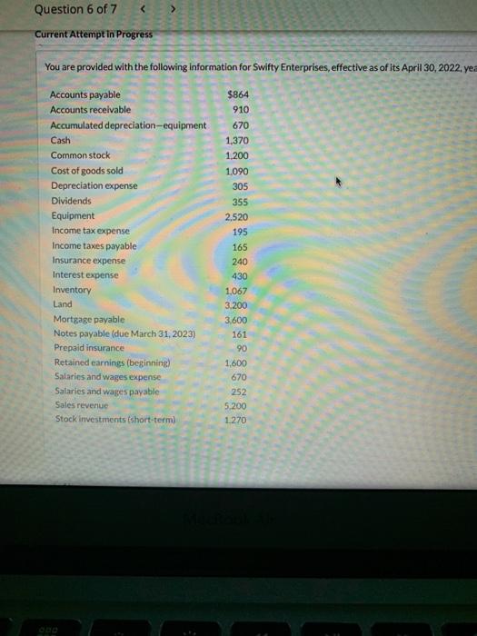 April 30, 2022. (List itemst retained earnings first.) SWIFTY ENTERPRISES Retained Earnings