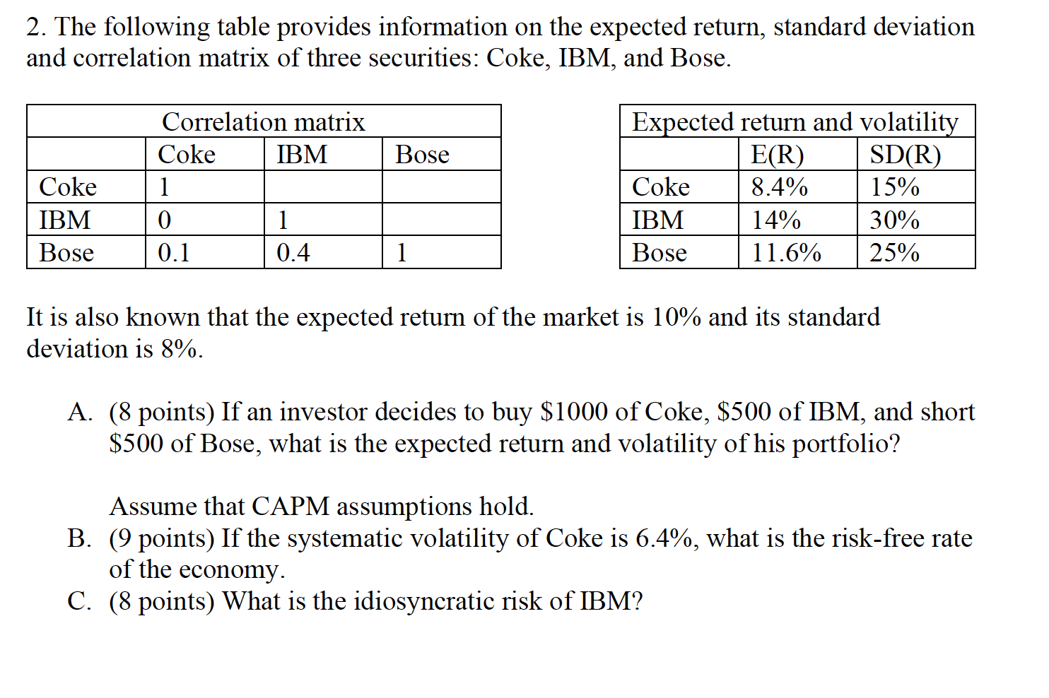  2. The following table provides information on the expected return, standard