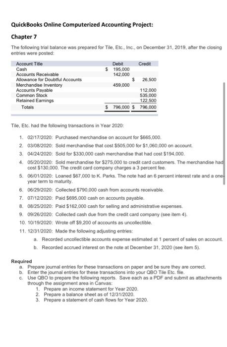  QuickBooks Online Computerized Accounting Project: Chapter 7 The following trial balance