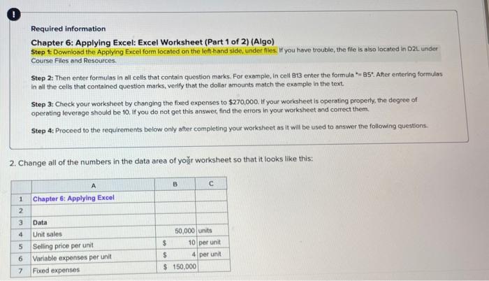  Required information Chapter 6: Applying Excel: Excel Worksheet (Part 1 of