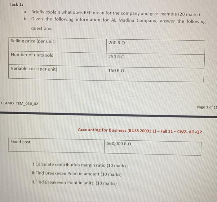  Task 1: a. Briefly explain what does BEP mean for the