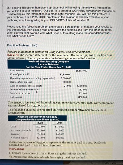  Our second discussion homework spreadsheet will be using the following information