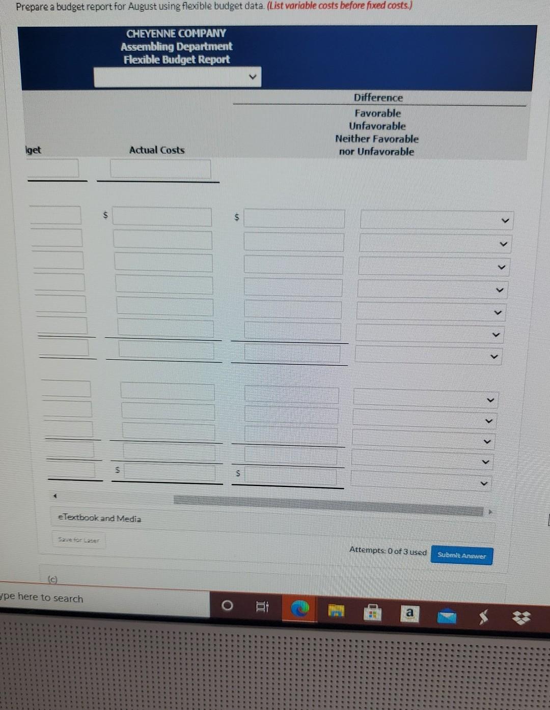 company's Assembling Department is as follows CHEYENNE COMPANY Budget Report Assembling Department