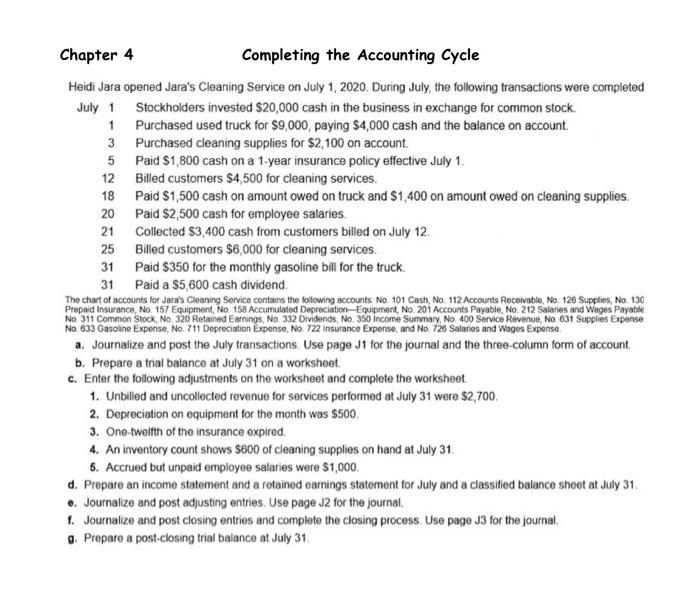 e,f,g please Chapter 4 Completing the Accounting Cycle Heidi Jara opened Jara's