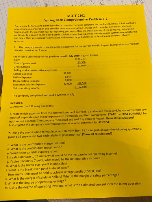  ACCT 2102 Spring 2020 Comprehensive Problem 2-2 On January 1, 2020,