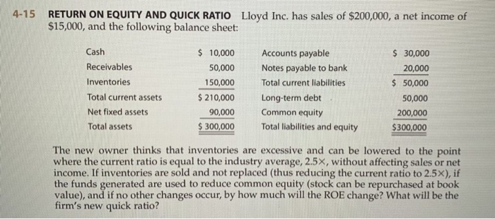  4-15 RETURN ON EQUITY AND QUICK RATIO Lloyd Inc. has sales