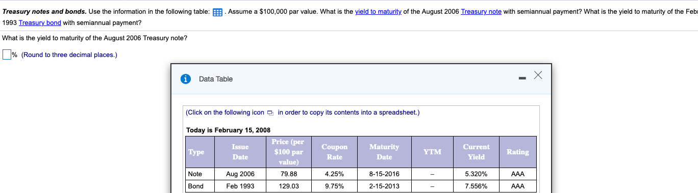 Treasury notes and bonds. make sure to include 3 decimal places. Please
