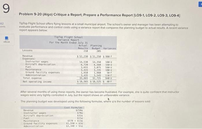  9 62 Book Problem 9-20 (Algo) Critique a Report: Prepare a