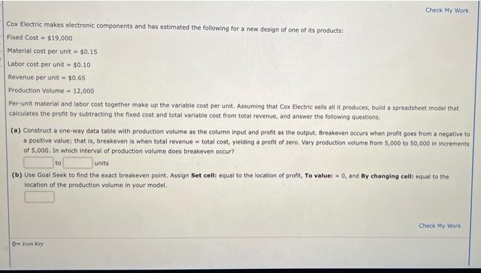 help Cox Electric makes electronic components and has estimated the following for