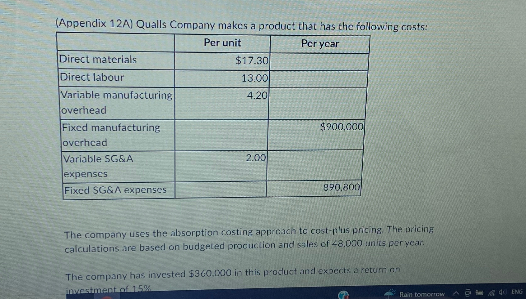  (Appendix 12A) Qualls Company makes a product that has the following