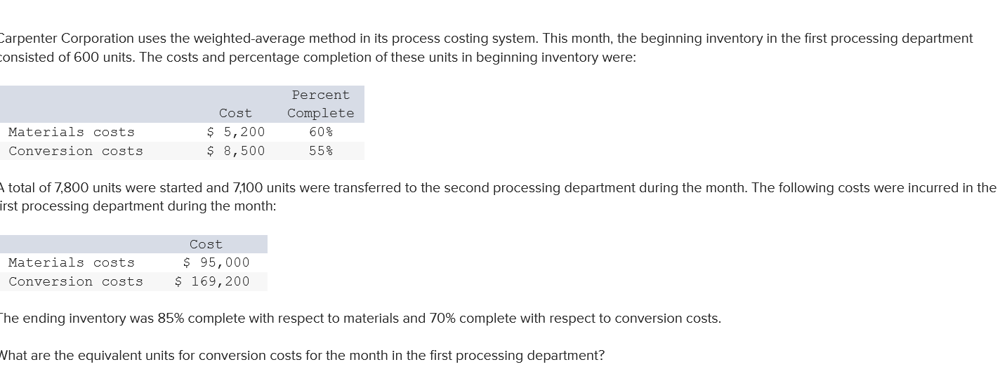 Carpenter Corporation uses the weighted average method in its process costing