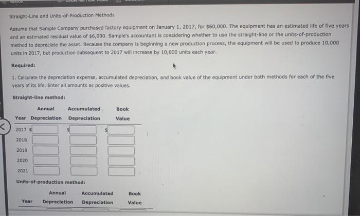  Straight-Line and Units-of-Production Methods Assume that Sample Company purchased factory equipment