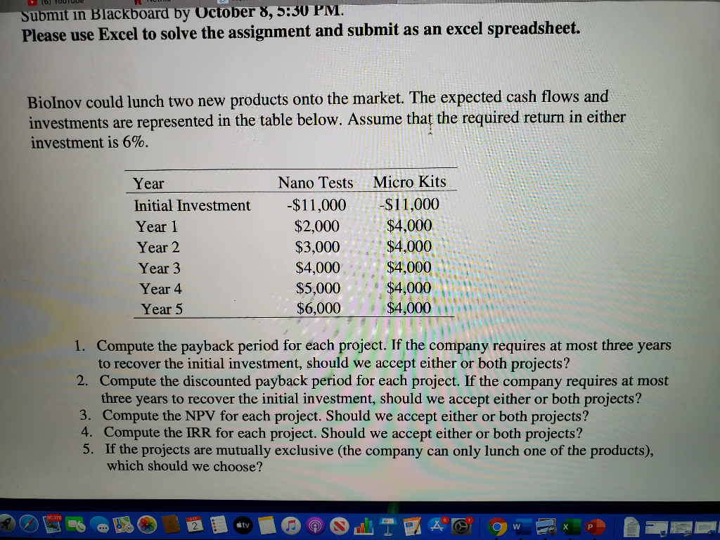 Submit in Blackboard by October 8, 5:30 PM. Please use Excel