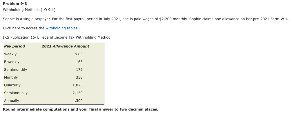  Problem 9-3 Withholding Methods (LO 9.1) Sophie is a single taxpayer.