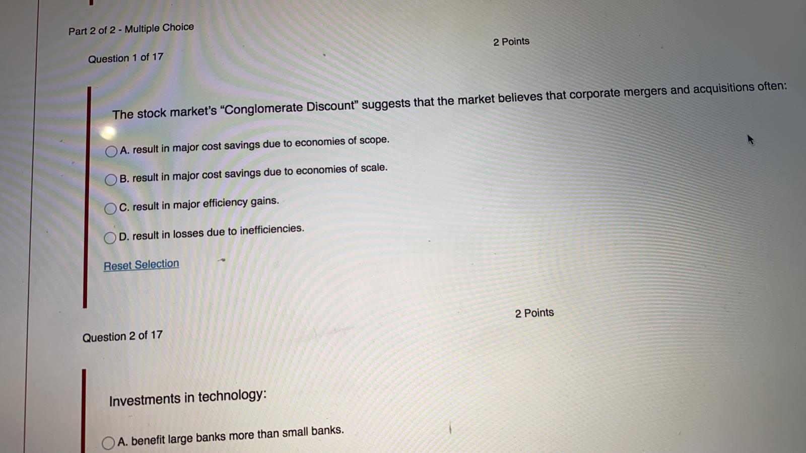  Part 2 of 2 - Multiple Choice 2 Points Question 1