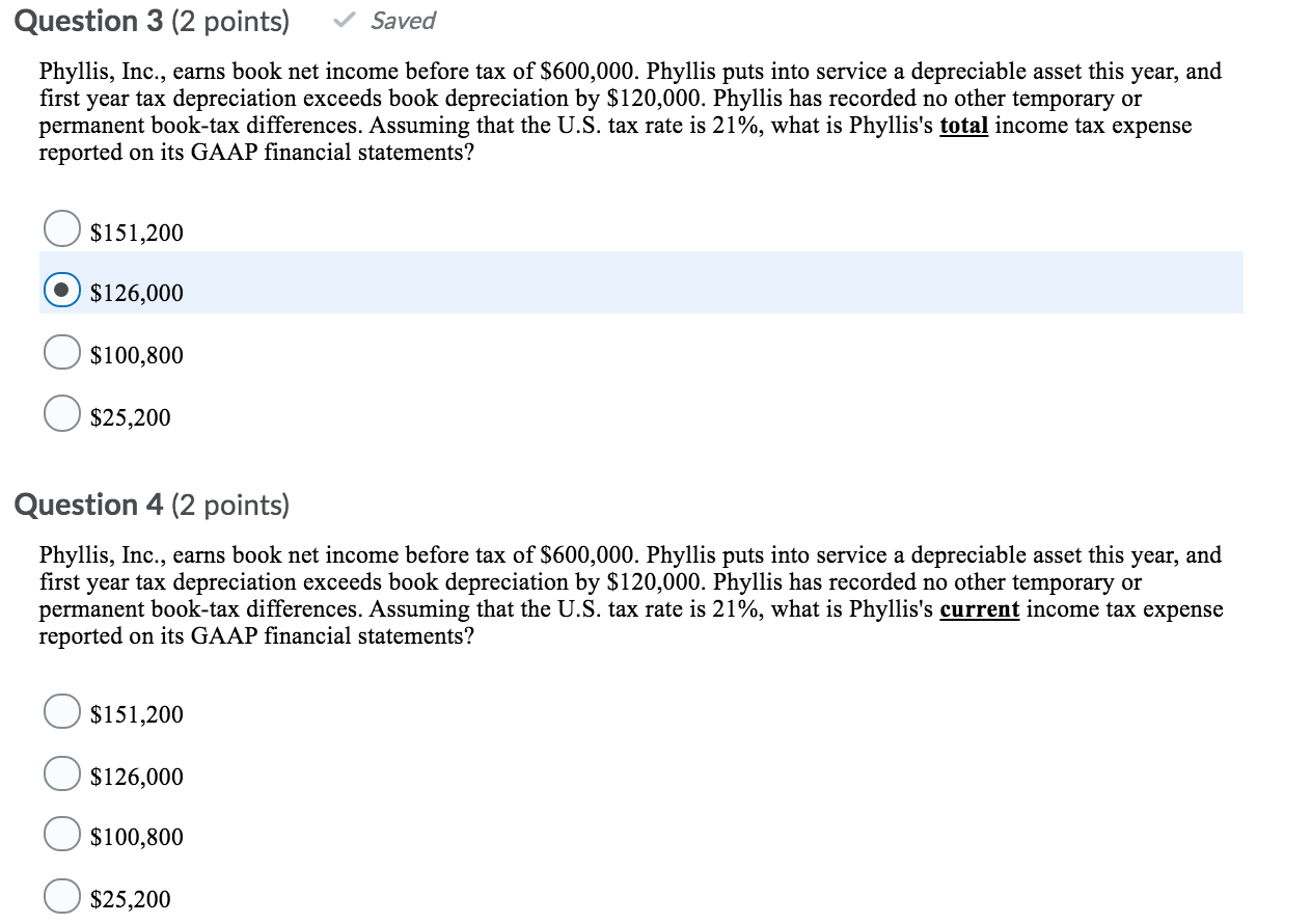 Question 3 (2 points) Saved Phyllis, Inc., earns book net income