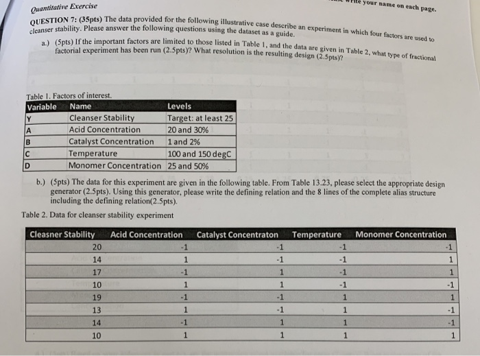  U Pite your name on each page. Quantitative Exercise ne illustrative
