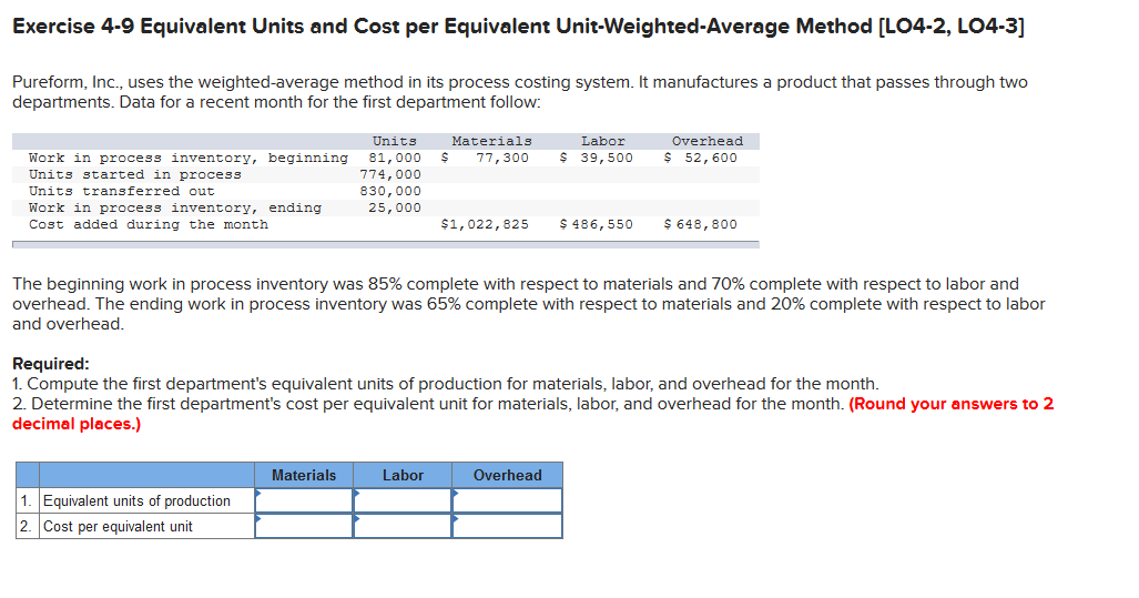  Exercise 4.9 Equivalent Units and Cost per Equivalent Unit-Weighted-Average Method [LO4-2,