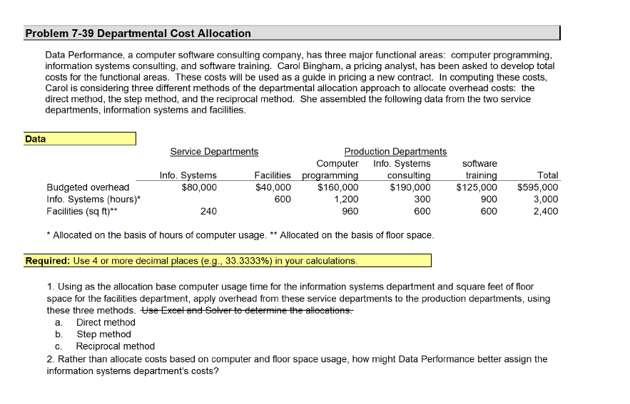  Problem 7-39 Departmental Cost Allocation Data Performance, a computer software consulting