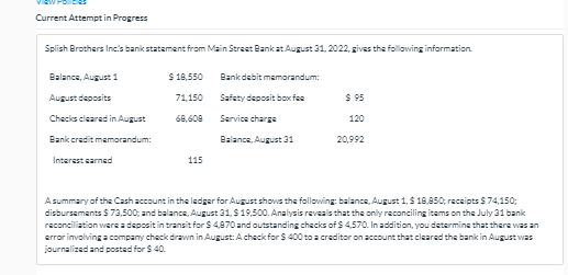 Current Attempt in Progress Splish Brothers Inc's bank statement from Main